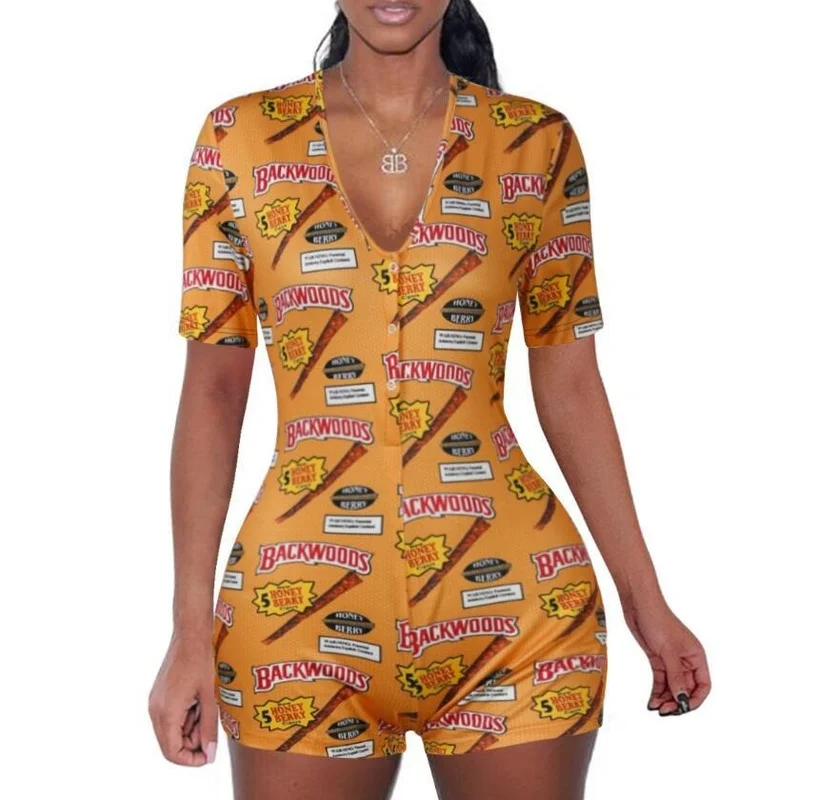 

Summer European and American Sexy Deep V-neck Printing Short Sleeve Button One-piece Shorts Tights