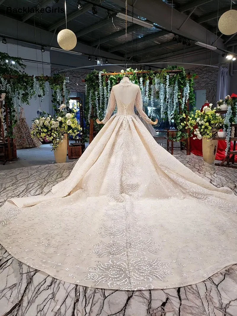 Sheer High Neck Applique Tulle Wedding Dress Sexy 2020 Illusion Backless Long Sleeve Princess Crystal Muslim Boho Gowns | Свадьбы и
