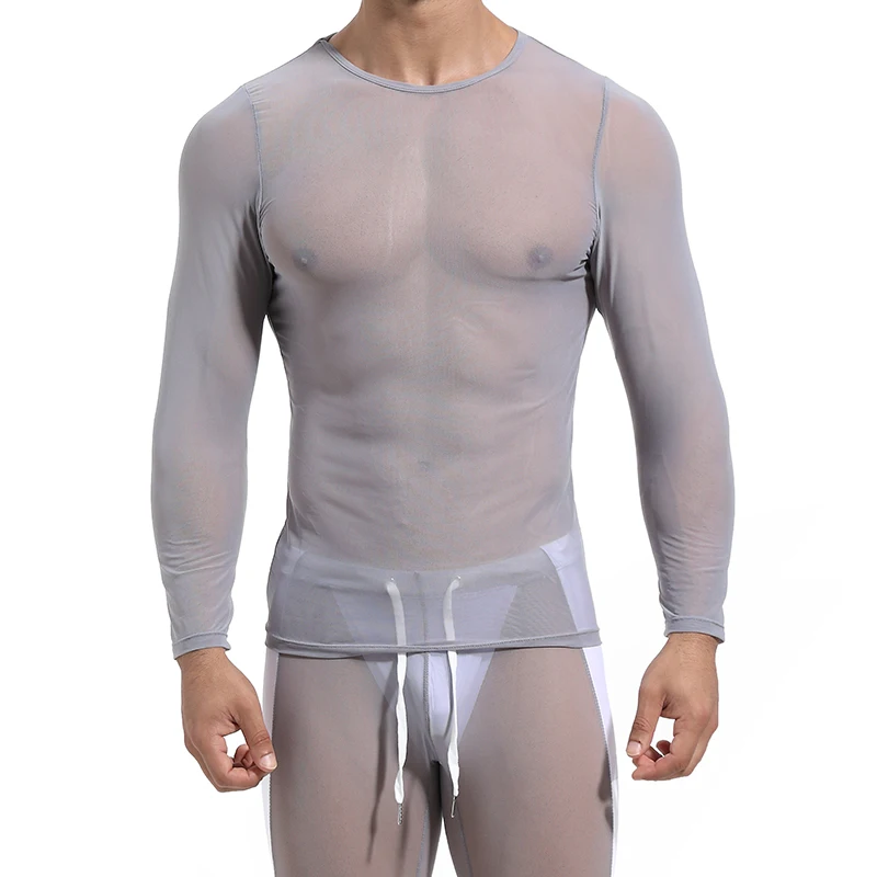 Мужская сетчатая прозрачная рубашка пикантная одежда с длинным рукавом для