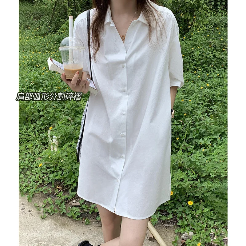 

White short-sleeved shirt dress female 2021 summer Korean version loose simple temperament age-reducing skirt Plus size L78770