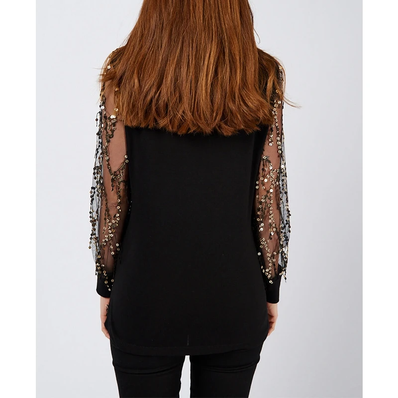

Fashion Black Long Sleeve Shirt Sexy V Neck T Shirt Women Sequined Tassel Tshirt Clothes Mesh Top Ladies Casual Slim Streetwear