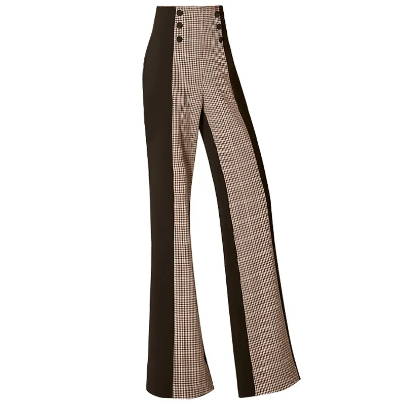 

High Waist Wide Leg Trousers Ladies Elegant Vintage Mixed Color Plaid Double-Breasted Decoration Women Loose Black Flare Pants