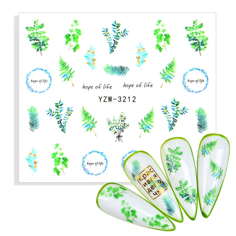 

The New 3D Nail Water Transfer Sticker Green Leaf Flower Stickers for nail English Letter Design Nails Accessories Fashion Decal