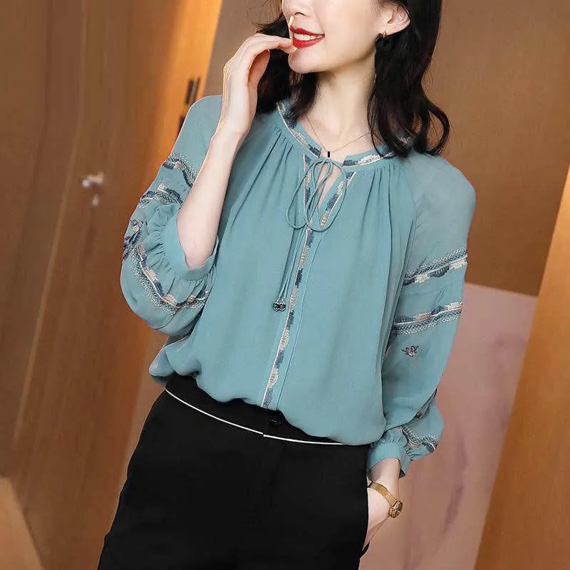 2020 Spring Summer Casual Womens 3/4 Lantern Sleeve Blue Embroidery Imitation Silk Top Blouse , Woman 3xl Blouses Shirts