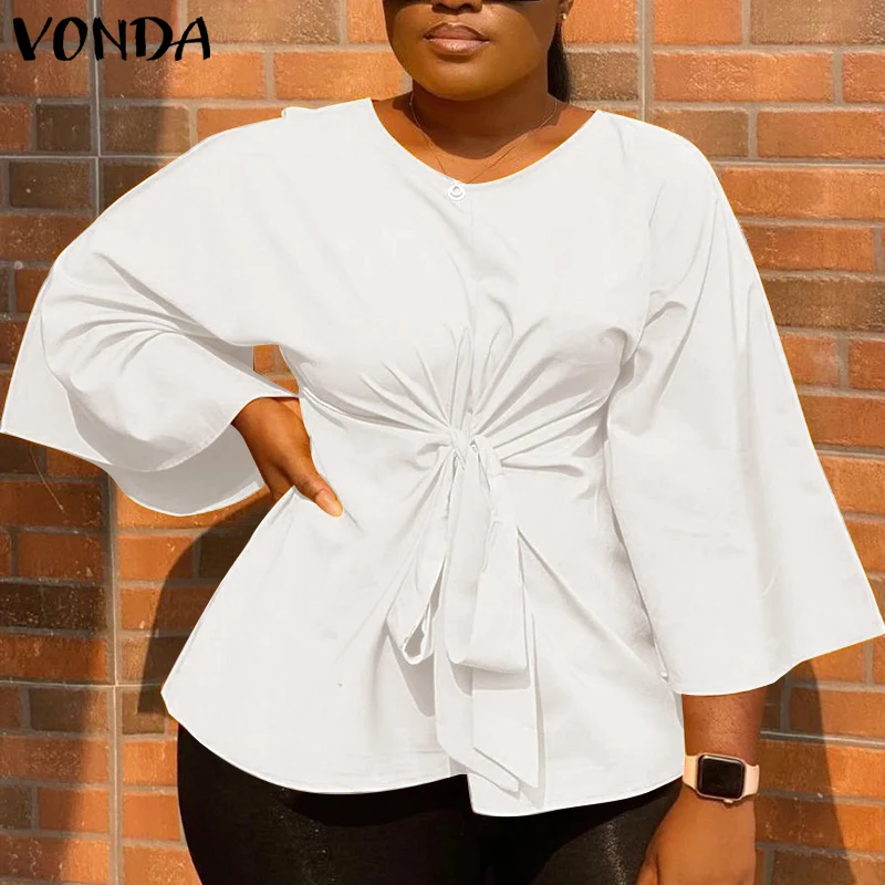 

Casual Solid Tops VONDA 2021 Women 3/4 Sleeve O Neck Party Blusas Femininas Loose Elegant OL Office Shirts Oversized Streetwears