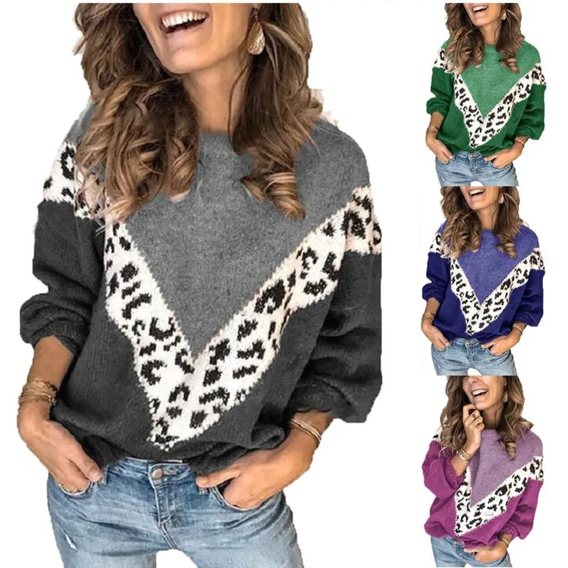 5XL женский свитер зимний длинный рукав вязаный пуловер Топы Леопардовый принт