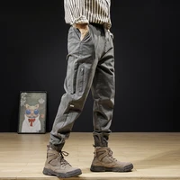 japanese vintage fashion men jeans loose fit gray color elastic casual cargo pants men overalls streetwear hip hop joggers