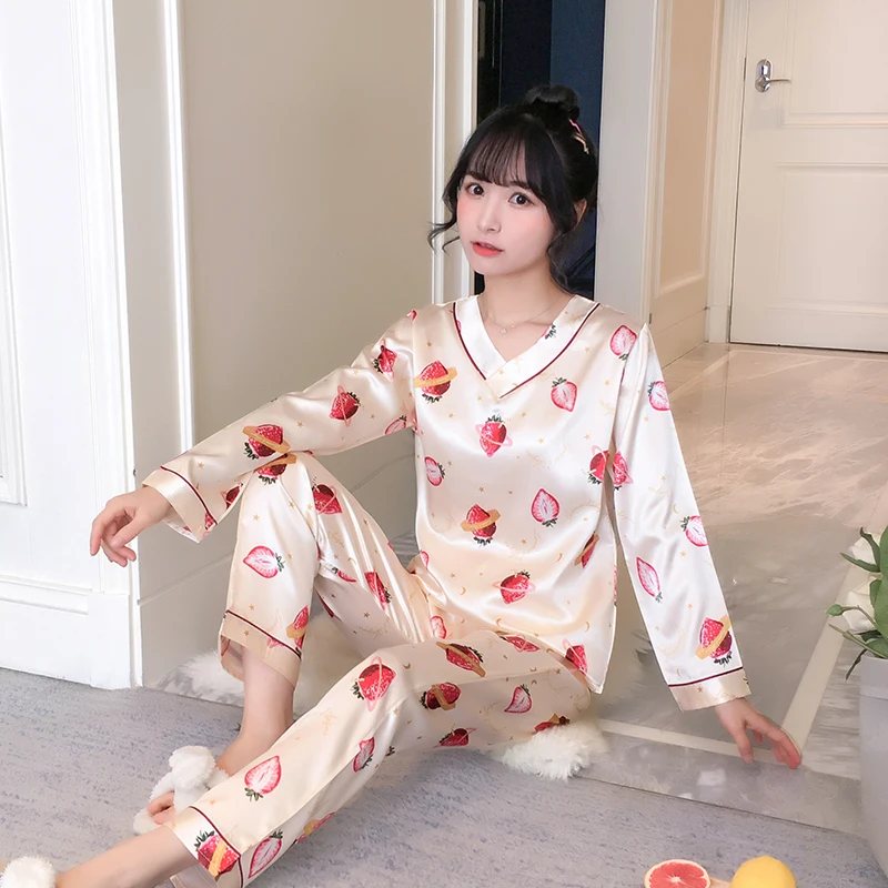 Осенняя Шелковая пижама с длинным рукавом для женщин pijama mujer, милый пижамный комплект с мультяшным принтом, домашняя одежда, длинные штаны, сексуальные пижамы