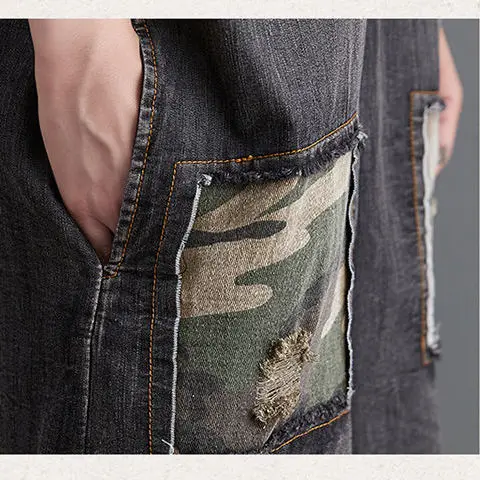 

Camouflage splicing strap pants 2021 summer new large high waist European straight leg wide leg 5-point denim Jumpsuit