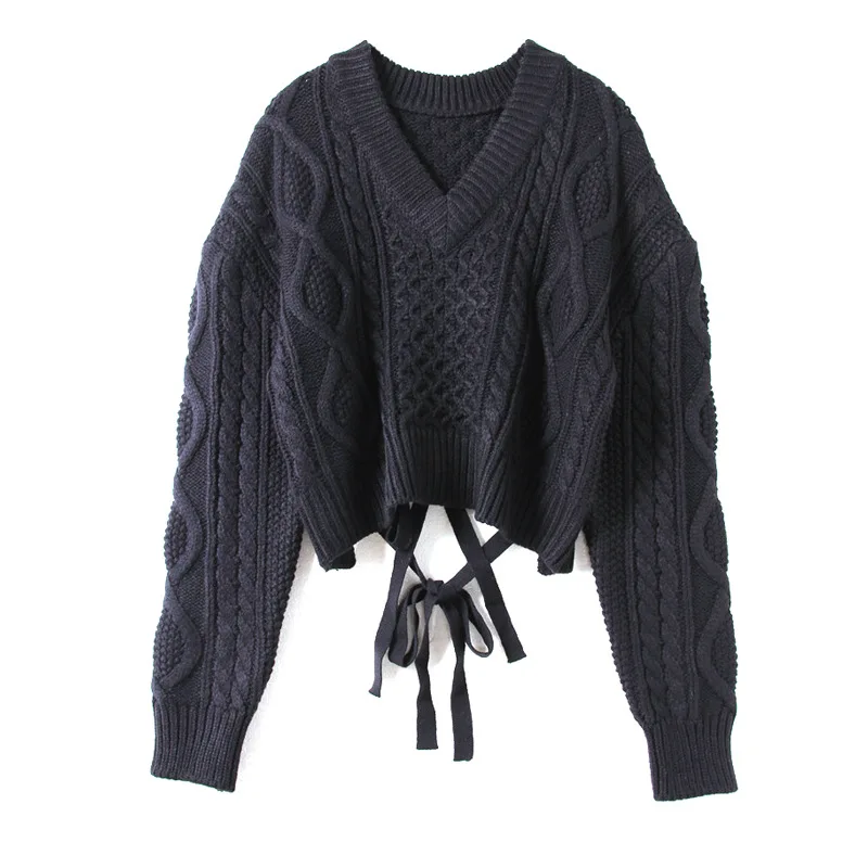 Женская Осенняя короткая KnittedTwist свитер пуловер с низким вырезом на спине