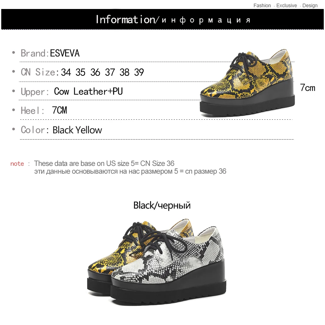 

ESVEVA 2019 Women's Vulcanize Shoes High Heels Shoes Spring Women Pumps Cow Leather PU Platform Snakeskin Round Toe Size 34-40