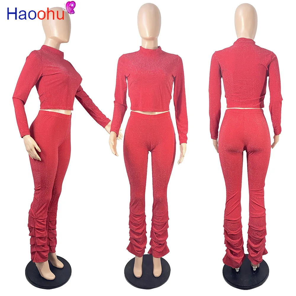 

HAOOHU Autumn Winter Two Piece Set Sweatshirt crop top + stacked pants Trousers Casual Sportwear Matching Set Women Tracksuit