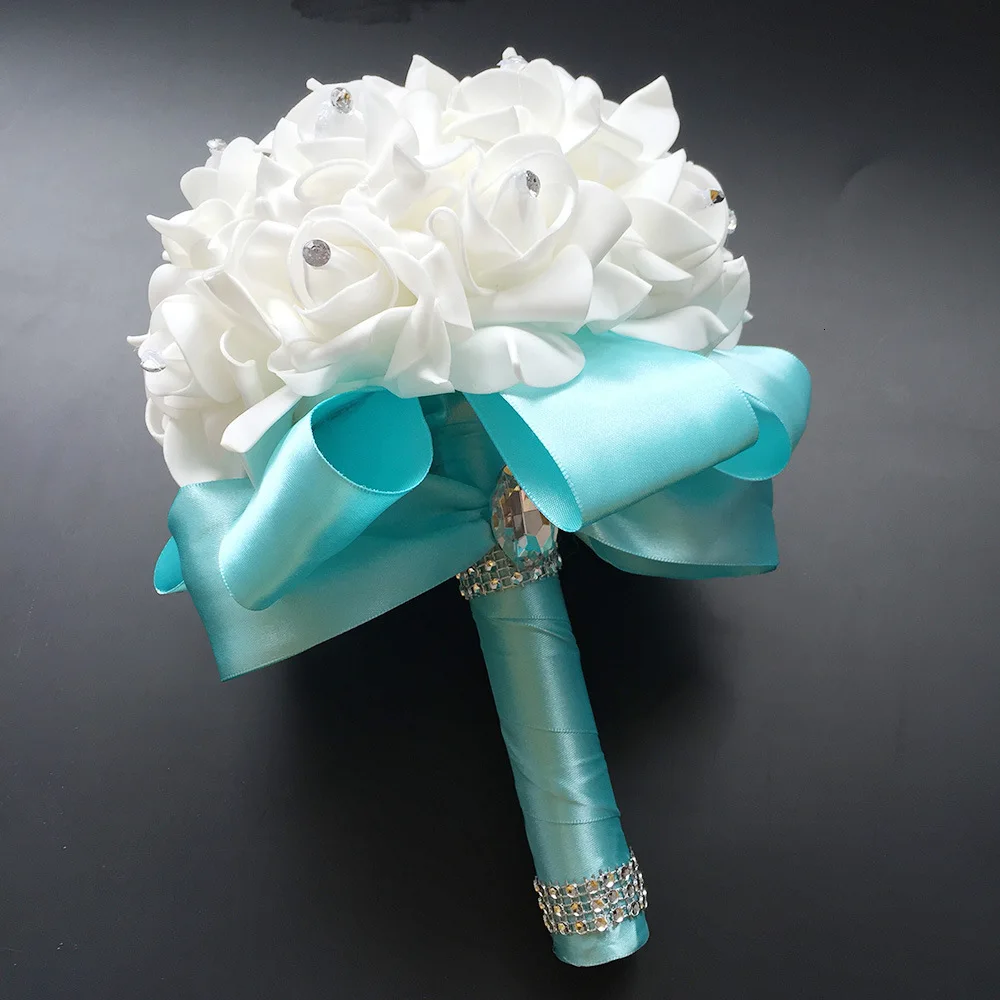 TiffanyBlue Hot Wedding Flowers Bridal Bouquets Ribbon Artificial Wedding Bouquet Romantic - Цвет: TiffanyBlue