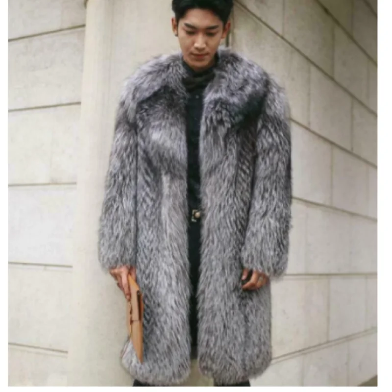 

Pele do falso dos homens inverno quente longo jaqueta lapela casaco trench coat outwear parka men clothes luxury party winter