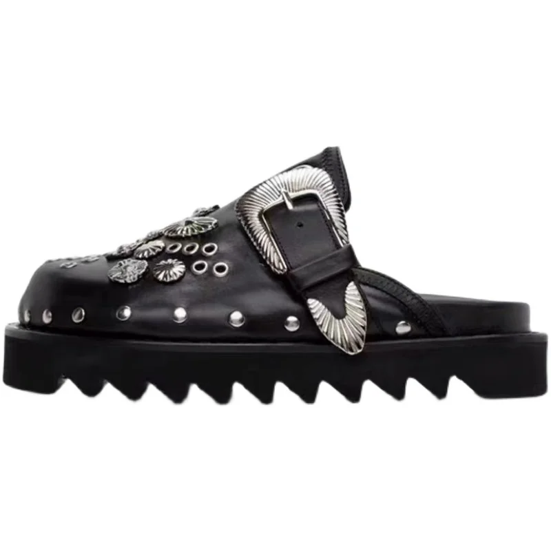 

Black Leather Metal Decorative Half Slippers 2021 Spring and Summer Retro Street Thick-soled Rivet Muller Shoes Trend