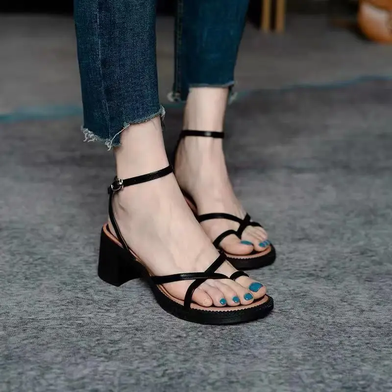 

Clear Heels Beige Heeled Sandals Low-Heeled Shoes With Strap 2021 Women's Med Black Low-heeled Girls High New Comfort Buckle Sum