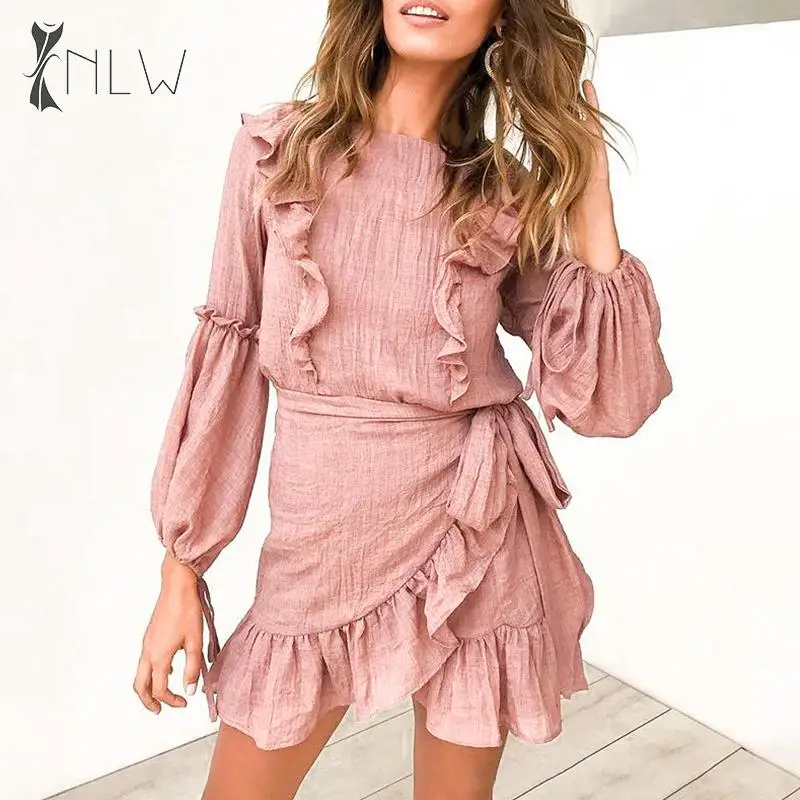 NLW винтажное розовое осеннее платье с оборками женское повседневное короткое