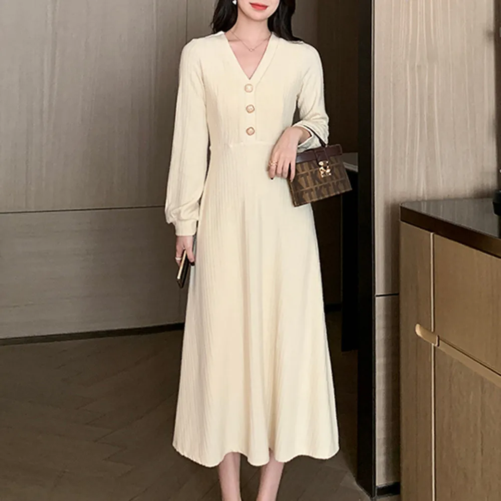 

Women's Knitted Dresses V-neck Sweater Long Temperament Waist Was Thinner Female Autumn And Winter Dress Elegant Ladies Vestidos
