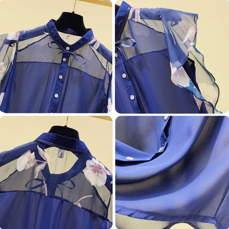 

Women Summer Chiffon Casual Shirts New Arrival 2021 Fashion Stand Collar Print Butterfly Sleeve Loose Ladies Elegant Tops W350