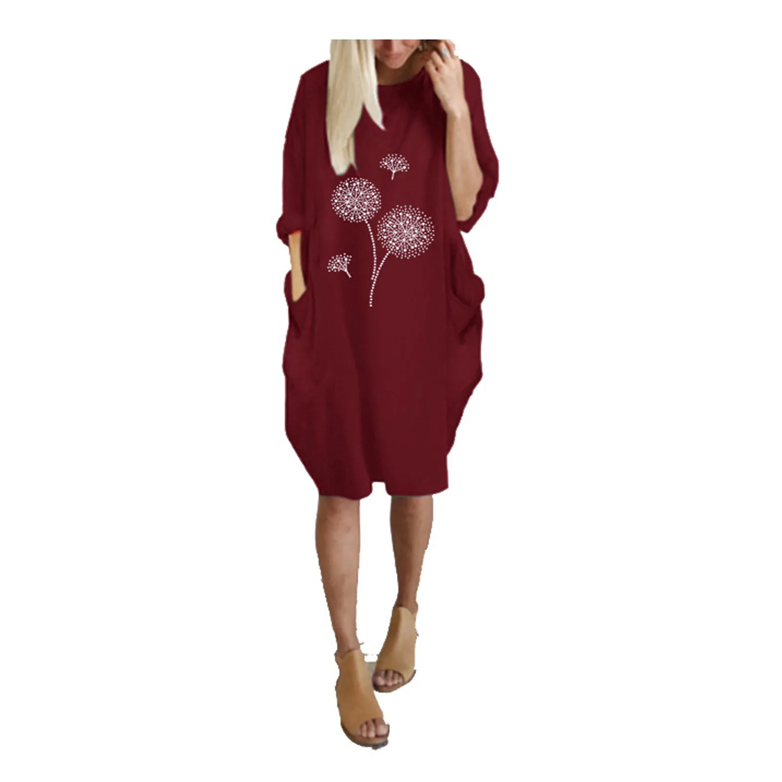 

Women Casual Loose Printed Crewneck Short Sleeve Pocket Dress Beach Daily Dress