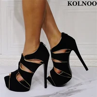 kolnoo handmade womens high heeled sandals kid suede peep toe sexy platform summer party shoes large size evening fashion shoes