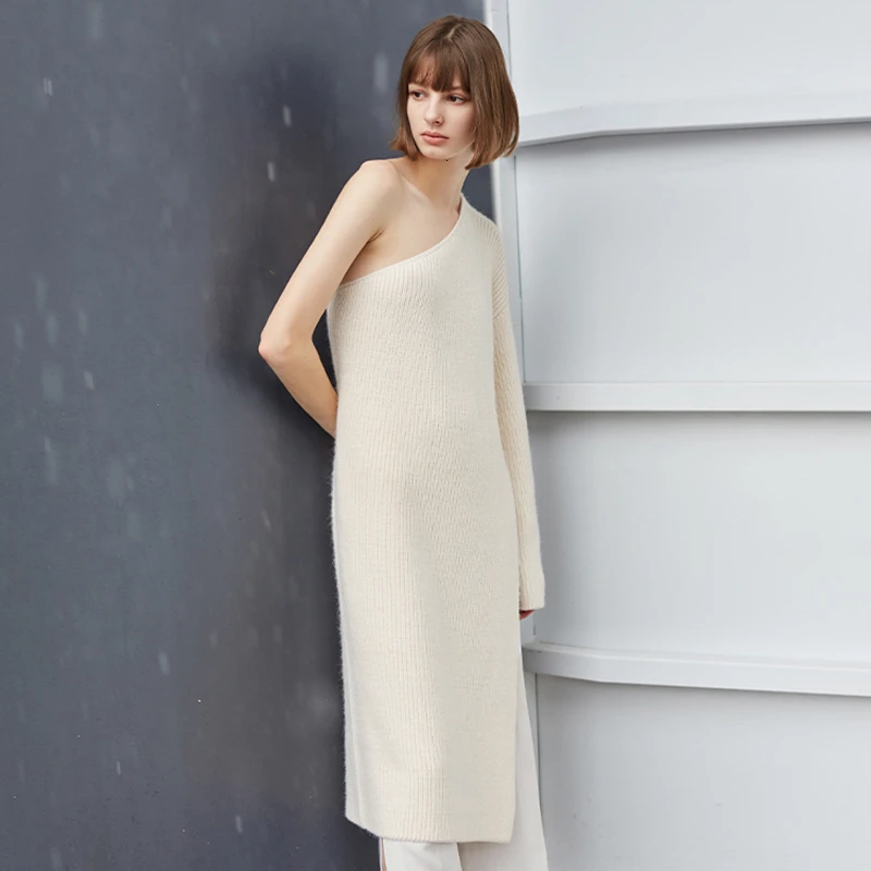 TWOTWINSYLE Casual Knitting Sweater For Female Irregular Collar Long Sleeve One Shoulder Side Split Sweaters Women Fashion Tide | Женская