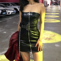 gothic women black leather zipper mini dress sexy off soulder strapless bodycon femme chain belt club party dresses vintage goth