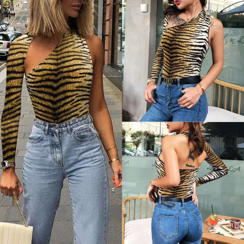 Женские обтягивающие боди на одно плечо с принтом тигра и открытой спиной