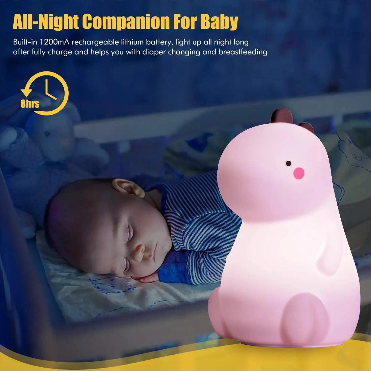 

Dinosaur Night Light for Kids,Cute Color Changing Silicone Night Light with Touch Sensor,Portable Rechargeable LED Nursery Lamp