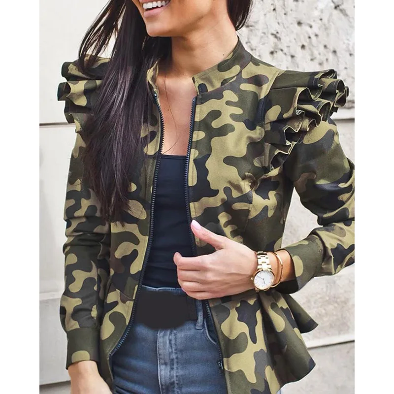 Женский жакет с оборками повседневные пальто 2020 осень круглым вырезом на молнии