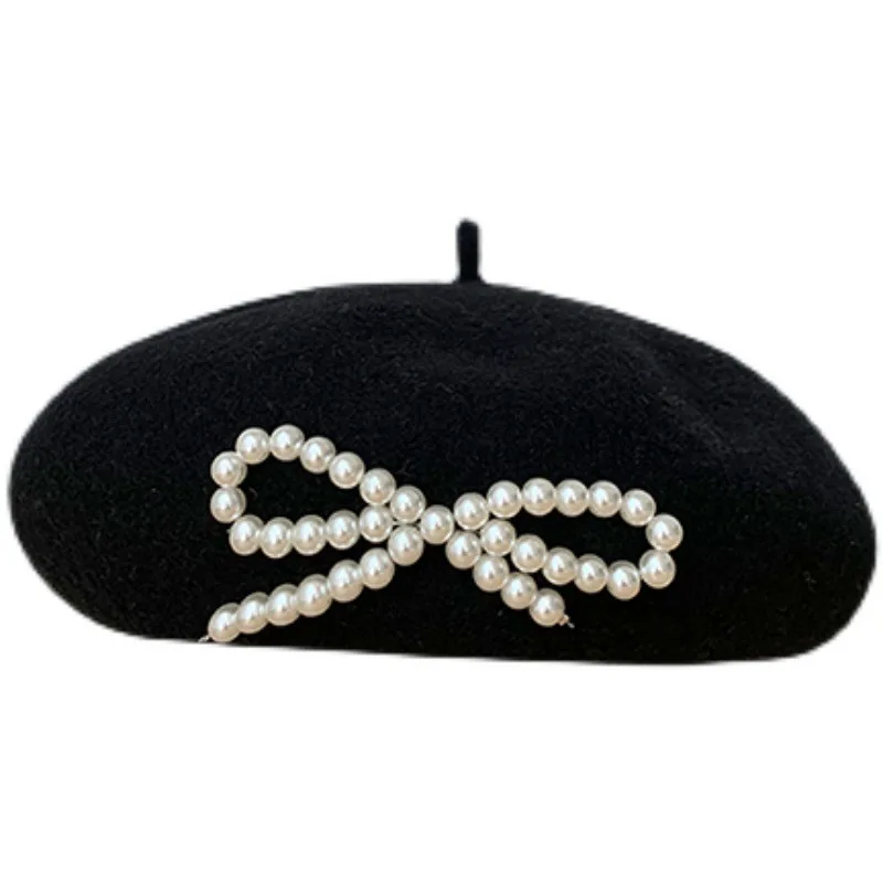 

Women Winter Hat French Artist Warm Wool Pearl Bow Solid Color Beret GirlsTend Cap Contracted Bennies gorras para mujer