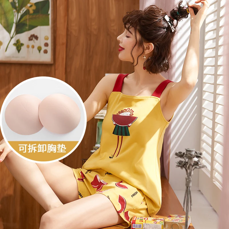 Женский Летний милый жилет из чистого хлопка комплект домашней одежды без