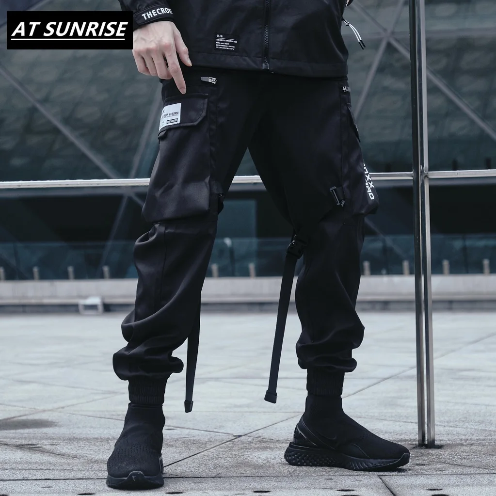 Мужские черные уличная одежда с карманом брюки карго в стиле Харадзюку