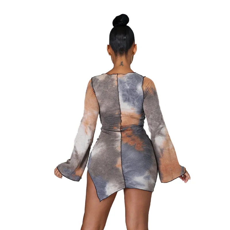 

2021women Dress Fashion Slim Tie-dyed Long Sleeve Round Neck Pack Hip Split Dress Female y2k dress