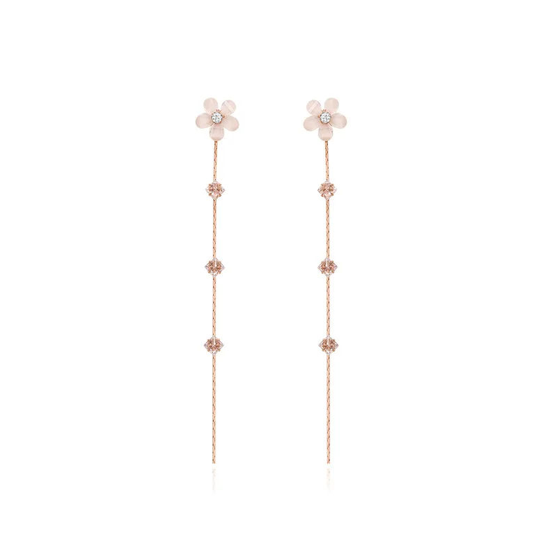 

GU-148 Super sweet glass flower tassel earrings S925 silver needle super fairy petal zircon earrings temperament earrings female