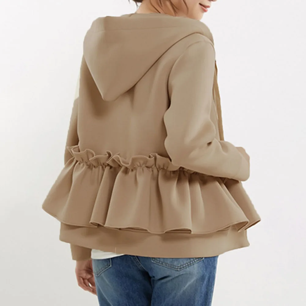 

Kawaii Ruffle Women Zip Up Sweatshirt Hoodie Khaki Black Autumn Coat Female High Waist Peplum Hooded Casual Tops Korean