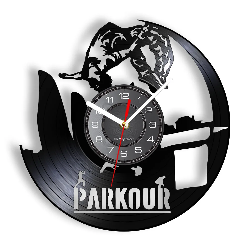 

Parkout Wall Clock Made Of Real Vinyl Record Street Extreme Sport Run Jump Cartwheel Vinyl LP Wall Clock Hanging Wall Decoration