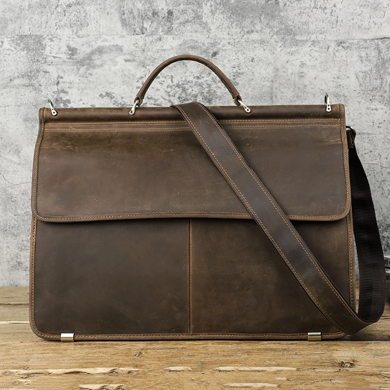CONTACT'S Vintage Men's Briefcase Crazy Horse Leather Business Laptop Bag for 16 inch Large Capacity Shoulder Messenger Bags