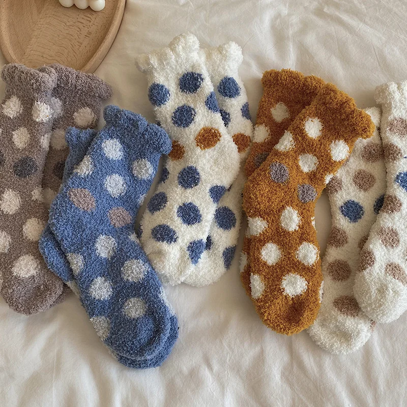 

SP&CITY Dot Print Cute Plush Warm Home Socks For Women Winter Middle Tube Ruffle Thickened Short Socks Breathable Cotton Sock