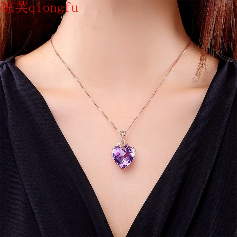 

Qiongfu Heart-shaped Amethyst Pendant Electroplated 18K Rose Gold Gemstone Natural Purple Diamond Necklace Female Clavicle Chain