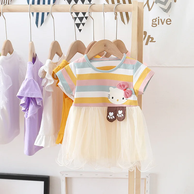 Девушки Китти радужные платья Летняя одежда с ушками бантом вечерние кружева