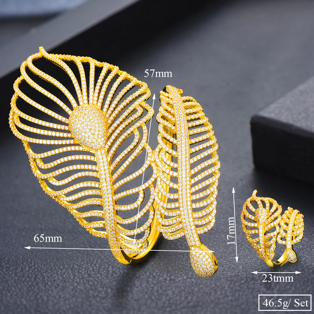 

missvikki Luxury African Nigerian Big Feather Shape Bangle Ring Sets Jewelry Set For Women Wedding brincos para as mulheres New