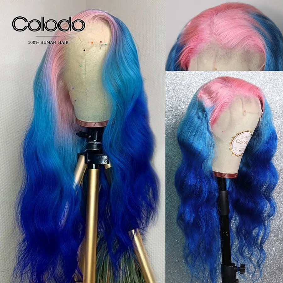 COLODO Wavy Pink Human Hair Wig 3 Tones Ombre Lace Front Wig With Baby Hair Remy Brazilian Transparent Lace Wigs For Black Women