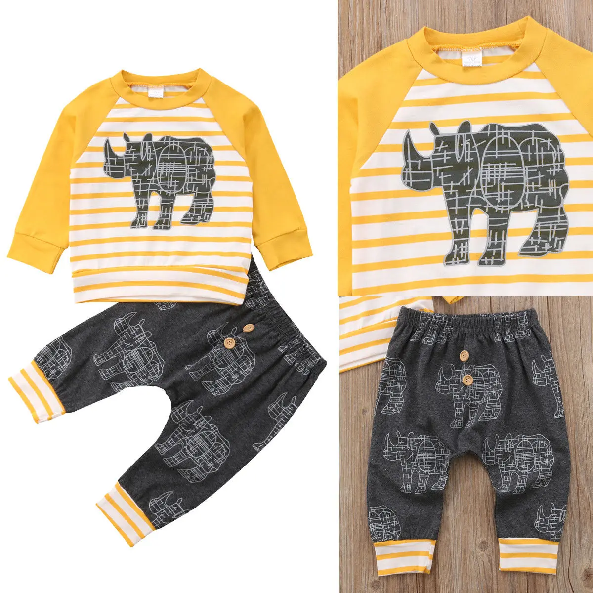 

Newborn Infant Baby Boys Girls Lovely Causal Sets 2PCS Long Sleeve Rhinoceros Print Striped Sweatshirt Tops+Long Pants