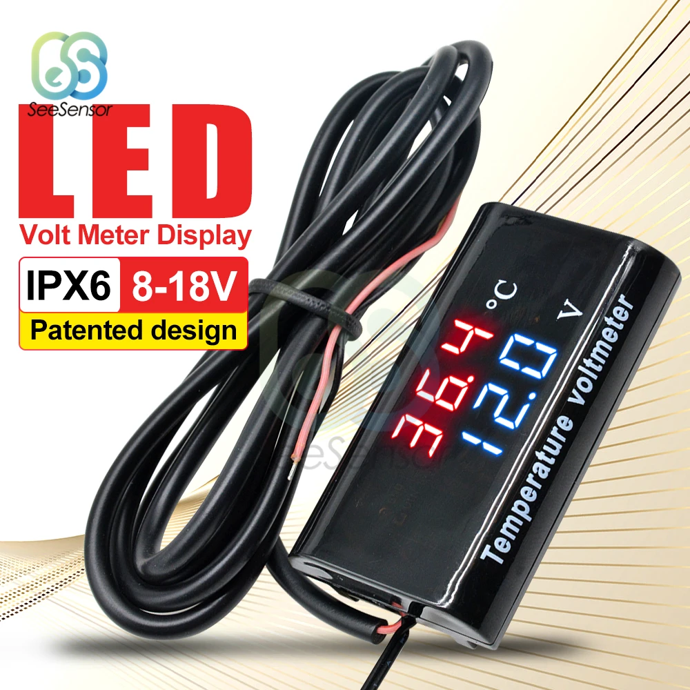 

DC 8-18V 0.28inch LED Display Digital Thermometer Voltmeter Waterproof Temperature Voltage Meter Tester Panel For Car Motorcycle