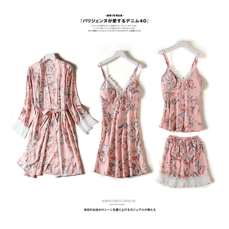 

Nightgown Satin Bathrobe Women Summer Flower Sleepwear 4PCS Sets Lady Casual Comfortable Daily Pajamas Lounge Pink Black