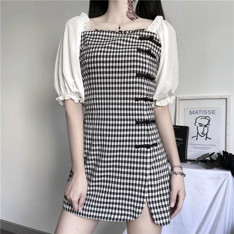 

Off Shoulder Women's Plaid Dress New Arrival Summer Office Lady Dresses High Waist Elegant Party Female Mini Dress Slim Dresses