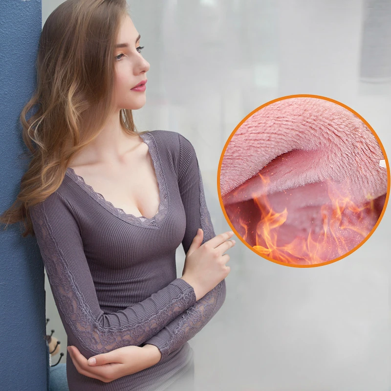 Зимнее теплое кружевное термобелье с цветочным рисунком тонкое нижнее белье