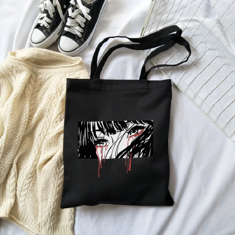 

Women Cartoon Hip-hop Punk Vintage Black Cotton Canvas Shopper Bag Girl Harajuku 90s Y2K Classic Vintage Shoulder Handbag Female