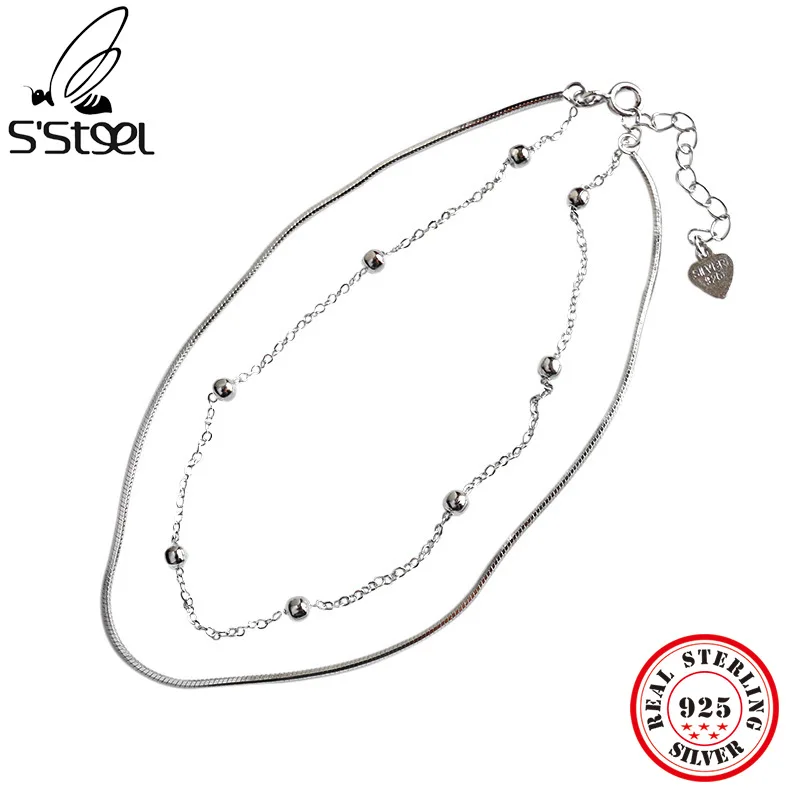 

S'STEEL Round Bead Anklets 925 Sterling Silver For Women Trendy Personalited Double Layer Snake Bone Chain Anklet Fine Jewelry
